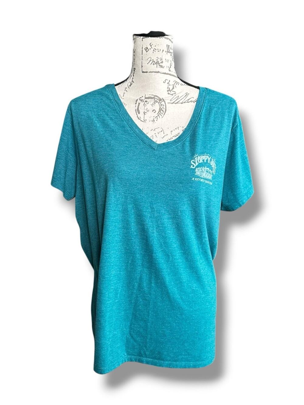 Sloppy Joe's Key West 2 sided Women's Graphic SS V-neck T-shirt Teal 2XL